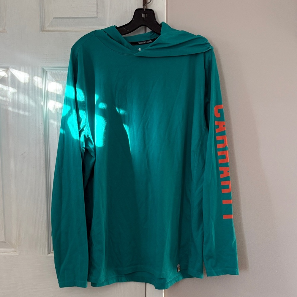 Carhartt Teal Hoodie with Orange Logo